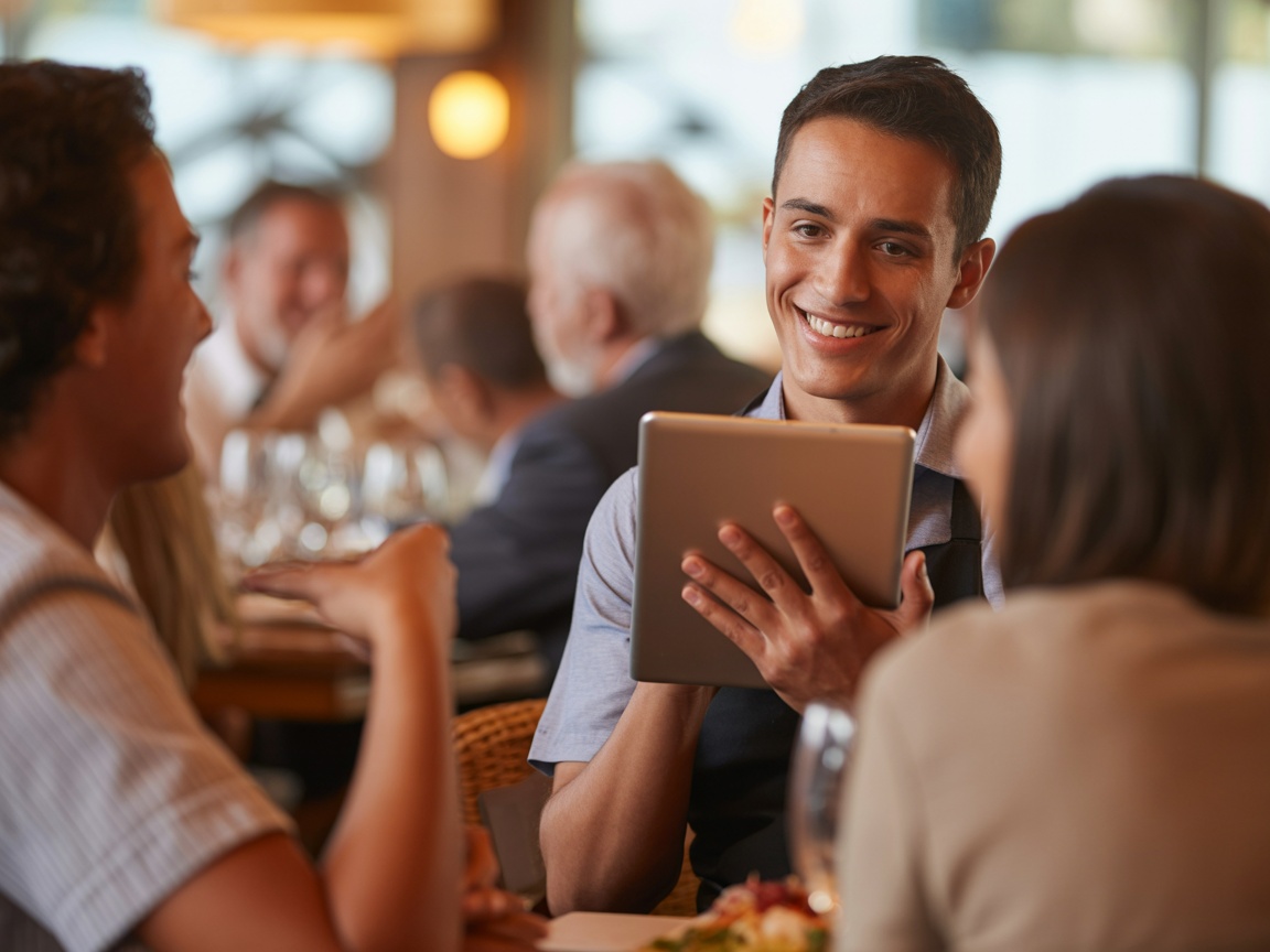 Restaurant-Manager nutzt Tablet für KI-gestützte Reservierungsverwaltung